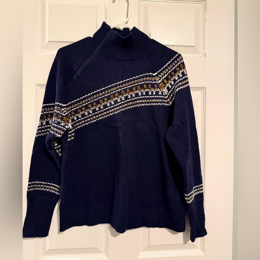 CAbi Navy and Gold Patterned Turtleneck Sweater